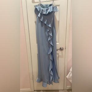 Revolve NBD Luna Strapless Ruffle Gown Blue Satin Maxi Dress Size Small